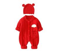 Pull Fille 4 Ans - Nouveau-Né Infantile Bébé Tricoté Barboteuse Coton À Manches Longues Garçon Fille Vêtements Bébé Combinaison Oreille Chapeau Tenues Ensemble (Red 12-18 Months)