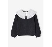 Pull fille double col brodé maille mousseuse anthracite 14A