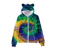 Pull Fille Nouveau Tie Dye Imprimé 3D Oreilles de Chat Fermeture Éclair Sweat à Capuche pour Enfants avec Oreilles de Chat Pull pour Filles Garçons Frères et Sœurs Pulls Filles, vert, 4-5 ans