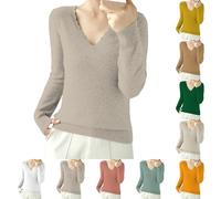 Pull fin à manches longues pour femme - Pull à col en V pour femme - Pull léger et décontracté à manches longues de couleur unie - Pull ajusté en tricot doux - Chemisier tricoté élégant, XL