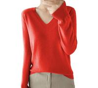Pull fin à manches longues pour femme - Pull à col en V pour femme - Pull léger et décontracté à manches longues de couleur unie - Pull ajusté en tricot doux - Chemisier tricoté élégant, Rouge, XXL