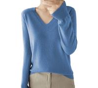 Pull fin à manches longues pour femme - Pull à col en V pour femme - Pull léger et décontracté à manches longues de couleur unie - Pull ajusté en tricot doux - Chemisier tricoté élégant, bleu, L