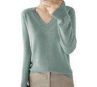 Pull fin à manches longues pour femme - Pull à col en V pour femme - Pull léger et décontracté à manches longues de couleur unie - Pull ajusté en tricot doux - Chemisier tricoté élégant, Vert, L