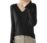 Pull fin à manches longues pour femme - Pull à col en V pour femme - Pull léger et décontracté à manches longues de couleur unie - Pull ajusté en tricot doux - Chemisier tricoté élégant, Noir , XL