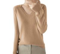 Pull fin à manches longues pour femme - Pull à col en V pour femme - Pull léger et décontracté à manches longues de couleur unie - Pull ajusté en tricot doux - Chemisier tricoté élégant, kaki, L