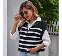 Pull Gilet Femme Col en V Sans Manches Bicolore Coupe Décontractée En Tricote À rayure - Noir - INSFITY M