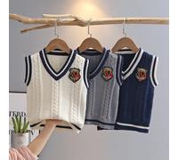Pull gilet garçons à la mode col en v sans manches tricoté chandails gilets rayure style Preppy Chic ample décontracté enfants vêtements IY06031 Gray