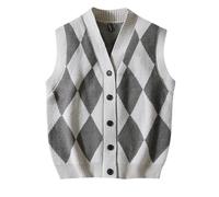 Pull Gilet sans Manche Homme Chaud Tricot Jacquard Pulls Fin col en v avec Boutons Debardeur Grande Taille Motif à carreaux Classique Hauts Thermiques Hiver Ouvert Gentleman Cardigan (Grey, XXXL)