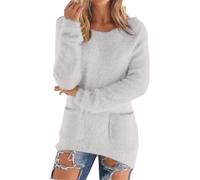 Pull grande taille pour femme - Chandail en molleton chaud à col rond pour femme en fourrure de vison, coupe ample avec poche, épaules tombantes, tunique super douce, pull décontracté, gris, M