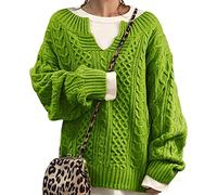 Pull Grosse Maille Femme Col V Pull Tricot Oversize Femme Pullover Pull Tricoté Ample Torsade Femme Grande Taille Hiver Pulls Pull-Over Torsadé Jacquard Manche Longue Chaud Vintage Large Femme Vert S