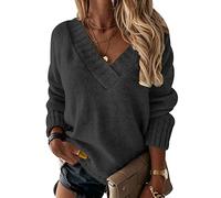 Pull Grosse Maille Femme Col V Pull Tricot Oversize Femme Pullover Pull Tricoté Ample Torsade Femme Grande Taille Hiver Pulls Pull-Over Torsadé Manche Longue Chaud Vintage Large Sweater Femme Gris XL