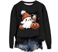 Pull Halloween Femme Col Rond Sweat à Imprimé d'Halloween Pull à Manches Longues Sweatshirt Drôle Halloween Joli Imprimé Fantôme et Citrouille Chemisier Décontracté Top Sport Hauts Confortable et Doux