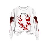 Pull Halloween Femme Problème Résolu Sweat sans Capuche Deguisement Halloween Femme Bloody Horreur Costume avec Imprimé Sanglants de Pull Femmes Graphique Vintage Sweatshirt Zombie Costume