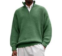 Pull Homme Col Droit, Men's Jumpers 1/4 Fermeture Éclair Manche Longue Couleur Pure, Pulls Souple Travail Pullover Vintage Chic Vert L