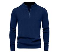 Pull Homme Col Droit, Pull Torsadé Homme 1/4 Fermeture Éclair Couleur Pure Manche Longue, Pulls Respirante Vintage Pullover D'intérieur Elastique Bleu foncé 5XL