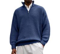 Pull Homme Col Droit, Pull Tricoté pour Homme Couleur Pure 1/4 Fermeture Éclair Manche Longue, Pulls Vintage Casual Pullover Travail Legere Marine L