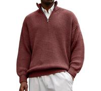 Pull Homme Col Droit, Pullover Homme Couleur Pure 1/4 Fermeture Éclair Manche Longue, Pulls Chic D'intérieur Pullover Vintage Classique Vin L