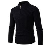 Pull homme hiver chaud tricot torsade mode pulls col montant zippé quart casual pullover à manche longue avec fermeture éclair cardigan grande taille basique couleur uni épais chandail (Black, M)