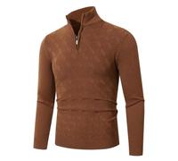 Pull Homme Hiver Col Droit, Pull Maille Homme 1/4 Fermeture Éclair Couleur Pure Manche Longue, Pulls Chaud Chic Pullover Décontractée Souple Marron Clair L