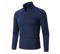 Pull Homme Hiver Col Droit, Pull Torsadé Homme 1/4 Fermeture Éclair Couleur Pure Manche Longue, Pulls Elastique Classique Pullover Legere Souple Marine L