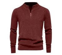 Pull Homme Hiver Col Droit, Pull Tricoté pour Homme Manche Longue Couleur Pure 1/4 Fermeture Éclair, Pulls D'intérieur Souple Pullover Chic Legere Rouge L