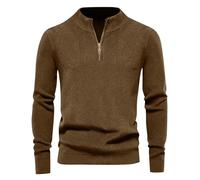 Pull Homme Hiver Col Droit, Vêtement Homme 1/4 Fermeture Éclair Couleur Pure Manche Longue, Pulls Classique Chaud Pullover Vintage Casual Marron 5XL