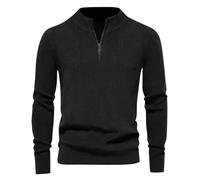 Pull Homme Hiver Col Droit, Vêtement Homme Couleur Pure Manche Longue 1/4 Fermeture Éclair, Pulls Respirante Chaud Pullover Vintage Souple Noir L