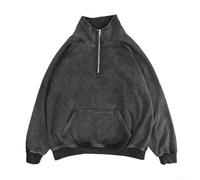 Pull Homme Vintage Effacé Coton Spandex Loose(Black XXL) | Style rétro délavé, col montant demi-zip, ambiance hip hop, tissu doux, coupe ample confortable