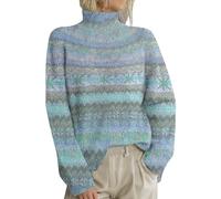 Pull jacquard à manches longues et col roulé pour femme - Léger et ample - Pull d'hiver chaud en tricot décontracté - Grande taille - Pull islandais extensible de coupe classique, bleu clair, S