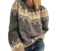 Pull jacquard classique ample en tricot doux et confortable à col rond pour femme - Pull décontracté à manches longues en polaire pour l'automne et l'hiver, gris, 3XL