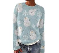 Pull jacquard décontracté ample à manches longues et col rond pour femme - Pull chaud en tricot nordique chic - Tunique en laine - Doux au toucher - Grande taille, bleu ciel, L