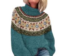 Pull Jacquard Femme Col Roulé Tricot Hauts Sous Manches Longues Chandail Hiver Chaud Norvégien En Laine Sweatshirts Sweat Sans Capuche Islandais Rond Cachemire Torsade Irlandais ( Marine,4XL )