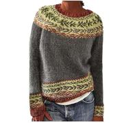 Pull Jacquard Femme Hiver Chaud Pull Irlandais Vintage Tricot Oversize Pullover Col Rond Laine Melange Sweater Norvégien Chic Haut Manche Longue Grande Taille Tunique Automne Décontracté Mode Noël