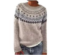 Pull Jacquard Femme Hiver Chaud Pull Irlandais Vintage Tricot Oversize Pullover Col Rond Laine Melange Sweater Norvégien Chic Haut Manche Longue Grande Taille Tunique Automne Décontracté Mode Noël