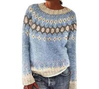 Pull jacquard vintage rayé pour femme Automne Hiver Chaud Manches longues Col rond, bleu clair, 3XL