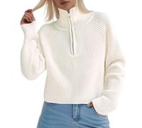 Pull Laine Femme Grosse Maille,Pull Court à Col Montant Et Demi-Fermeture éClair Style DéContracté pour L'Automne Et l'hiver Haut en Tricot Doux Et Ample pour Un Port sans Effort