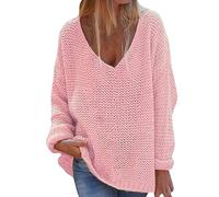 Pull Large Femme Chaud Pull Sequins Femme Féminine Col en V Lâche Couleur Unie Manches Longues Hauts Polaire Hiver Large Chaud Pink M