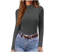 Pull léger à col roulé et manches longues pour femme - Couche de base thermique - T-shirt basique décontracté - Coupe ajustée - Pull en tricot extensible - Col roulé - Chemisier, gris, L