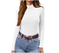 Pull léger à col roulé et manches longues pour femme - Couche de base thermique - T-shirt basique décontracté - Coupe ajustée - Pull en tricot extensible - Col roulé - Chemisier, blanc, L