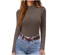 Pull léger à col roulé et manches longues pour femme - Couche de base thermique - T-shirt basique décontracté - Coupe ajustée - Pull en tricot extensible - Col roulé - Chemisier, café, M