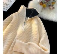 Pull léger en tricot à demi-fermeture éclair pour homme avec motif uni pour une tenue décontractée, haut à manches longues, idéal pour la maison ou les trajets en tissu polyester (L abricot)