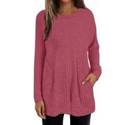 Pull léger pour femme avec poche - Manches longues - Col rond - Ourlet incurvé - Haut long à porter avec des leggings - Pull en tricot léger pour femme, rose vif, XL