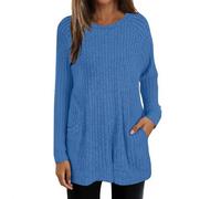 Pull léger pour femme avec poche - Manches longues - Col rond - Ourlet incurvé - Haut long à porter avec des leggings - Pull en tricot léger pour femme, bleu, L