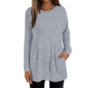 Pull léger pour femme avec poche - Manches longues - Col rond - Ourlet incurvé - Haut long à porter avec des leggings - Pull en tricot léger pour femme, Cendré clair, XL