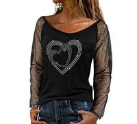 Pull léger pour femme - T-shirt sexy à manches longues - Haut en maille avec strass - Col rond - Vêtement de loisirs - Chemisier blanc à rayures noires, argenté, XL