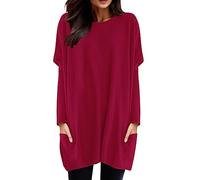 Pull long à manches longues pour femme - Sweat-shirt long - Avec poches - Col rond - Décontracté - Décontracté - Hauts élégants - Couleur unie - Robe longue - Robe chemisier, Bordeaux, 5XL