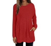 Pull long pour femme - Manches longues - Pull en tricot épais léger et ample à col rond - Pull d'hiver chaud - Couleur unie - Tunique décontractée avec poches, Rouge, XL