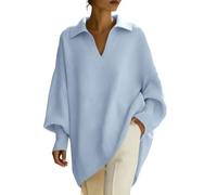 Pull long tendance surdimensionné à col rond en tricot habillé décontracté pull long automne hiver chaud tricot fin tunique pull élégant en tricot chauve-souris, Za-bleu, L