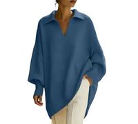 Pull long tendance surdimensionné à col rond en tricot habillé décontracté pull long automne hiver chaud tricot fin tunique pull élégant en tricot chauve-souris, Bleu foncé, M