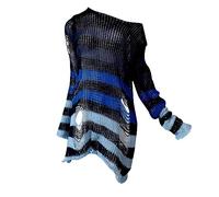 Pull mi-long à rayures pour femme avec trou cassé et col roulé en mélange d'alpaga, coupe décontractée, doux, extensible, respirant, bleu, Taille unique
